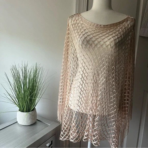 Charlie Paige Mesh Crochet Knit Poncho Rose Gold